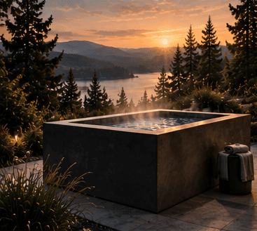 A dark stone cold plunge tub steaming at dusk on a garden patio