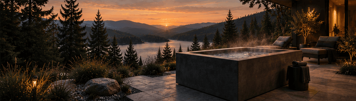 A dark stone cold plunge tub steaming at dusk on a mountain-view terrace with lounge seating