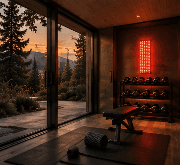 A home gym with a red light therapy panel glowing beside a dumbbell rack