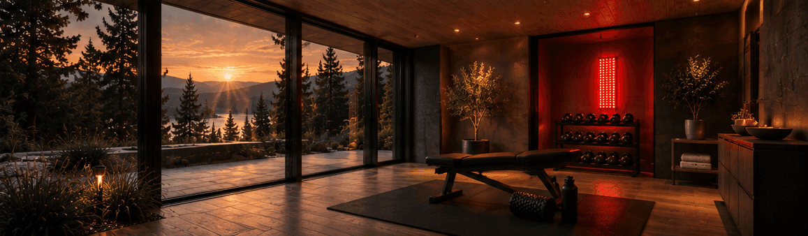 A home gym with a red light therapy panel and dumbbell rack opening to a mountain lake view at sunset