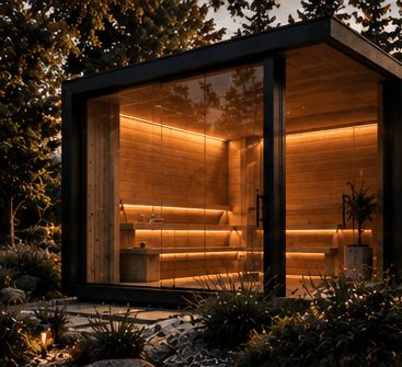 A glass-walled cedar sauna glowing at dusk, surrounded by garden plantings
