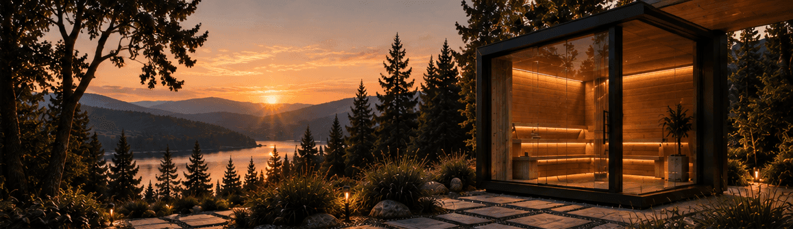 A glass-walled cedar sauna at dusk overlooking a mountain lake at sunset
