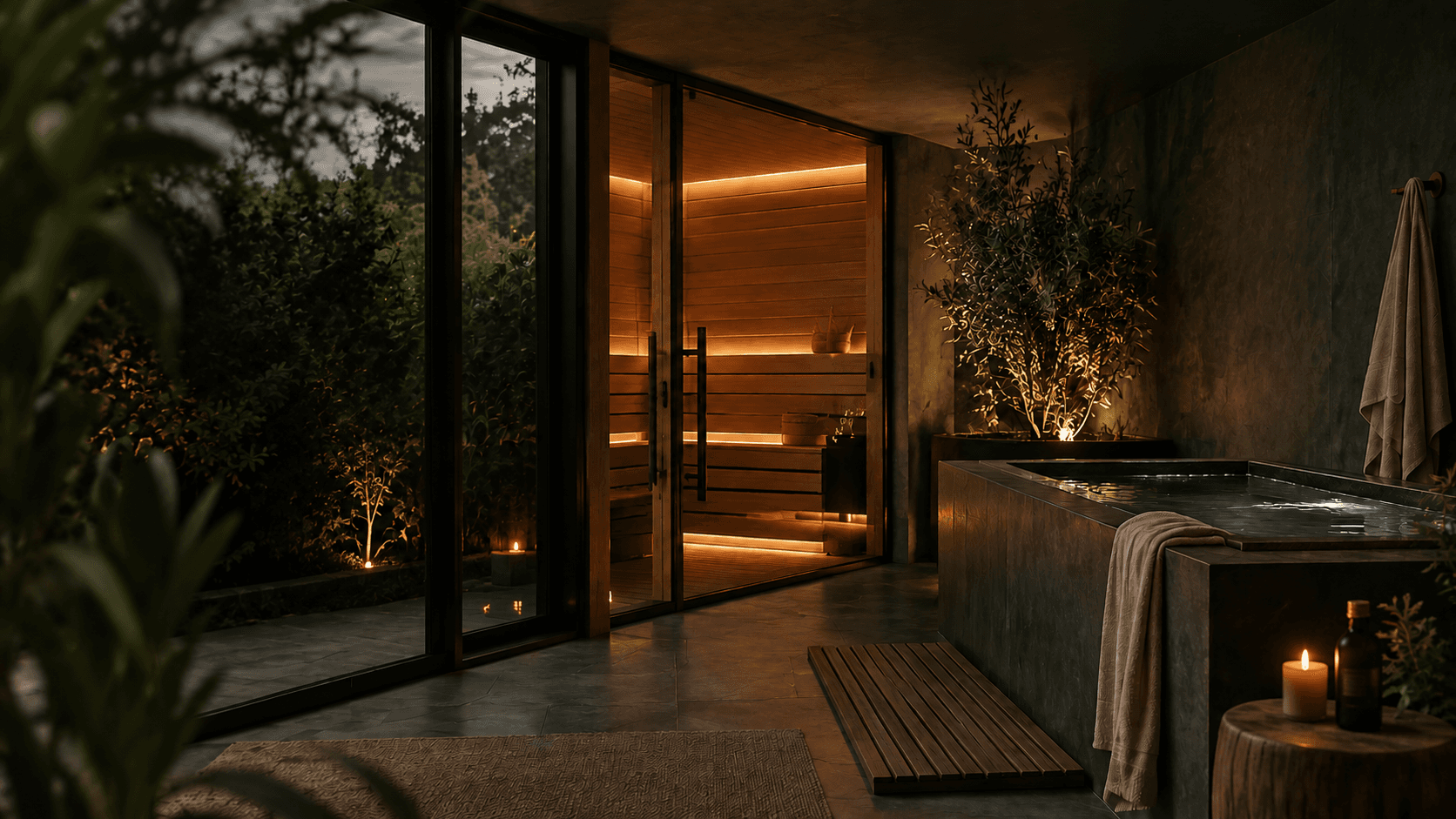 A dimly lit indoor recovery room at dusk with a glowing cedar sauna and a dark stone cold plunge tub beside floor-to-ceiling glass doors opening onto a garden